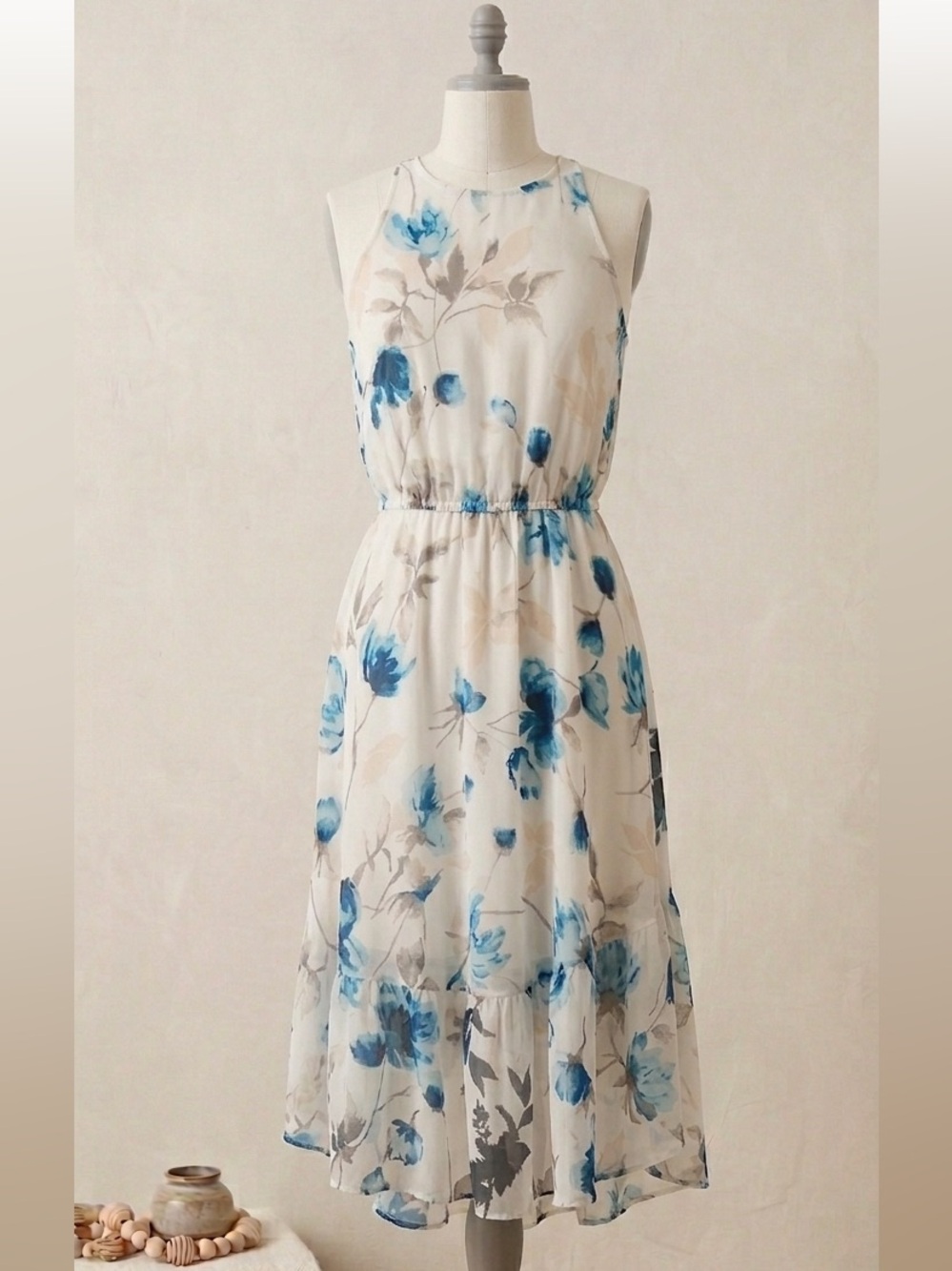 White House Black Market White Halter Dress with Blue Floral Print
